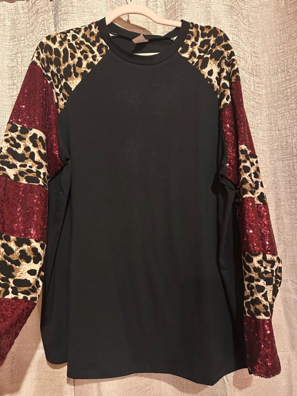 Leopard & Sequin Raglan Tunic Top - Black and Burgundy